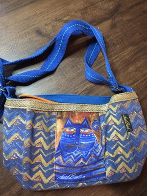 Laurel Burch Cats Shoulder Bag Purse Tote Bag Blue Gold Cotton Canvas