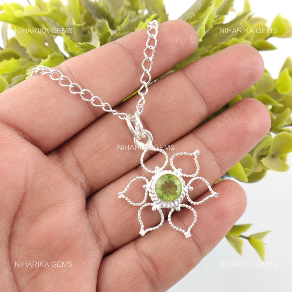 925 Silber Runder Natürlich Peridot Schwarz Freitag Tochter Ehe Anhänger Schmuck - Bild 3 von 4