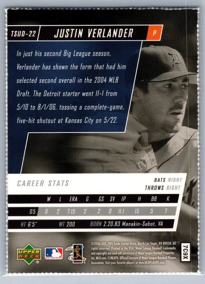 2006 Upper Deck Tuff Stuff - Perforated Justin Verlander #TSUD-22 - NM-MT - Image 2 of 2