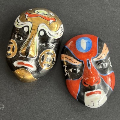 2 Vintage Handmade Painted Miniature 2'' Chinese Beijin Opera Face Art Masks