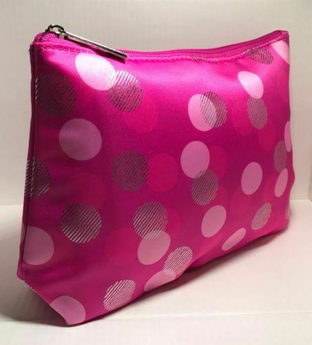 CLINIQUE Cosmetic Makeup Bag PINK & SILVER POLKA DOT PRINT - BRAND NEW