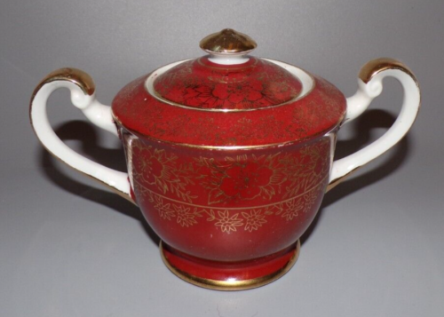 Vintage Red & 12K Gold Large Tea Pot Tea Set Covered Sugar Bowl Jug Sone China - Picture 8 of 10