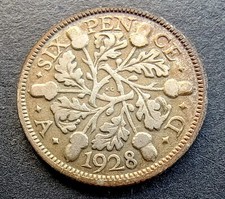 1928 Sixpence - King George V - 50% Silver - British Coin