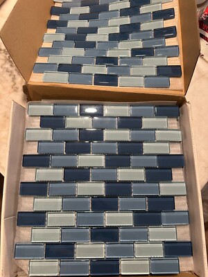 Blue Mix Glossy Glass Mosaic 1''x2'' Offset