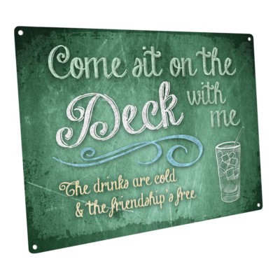 Green Chalk-look Come Sit on the Deck With Me Metal Sign; Wall Decor for Porch