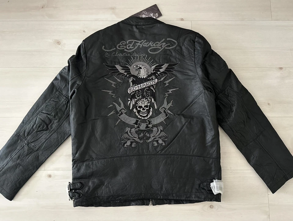 Auténtica RARA Chaqueta de Motociclista de Cuero Bordado Ed Hardy Vintage XL Foto 2 de 4