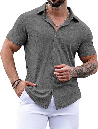 URRU Men's Black Short Sleeve Athletic Casual Button Down Shirt - Size: M
