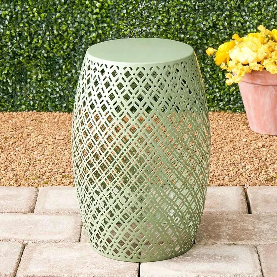 Metal Green Lattice Barrel Stool Table Seat Indoor Outdoor Patio Deck Decor - Image 2 of 4