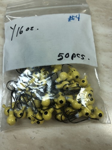 1/16 oz. YELLOW JIGHEADS 50 Keeper Jig Heads w/eye.#4 MUSTAD Bronze Hooks:NEW - Picture 2 of 2