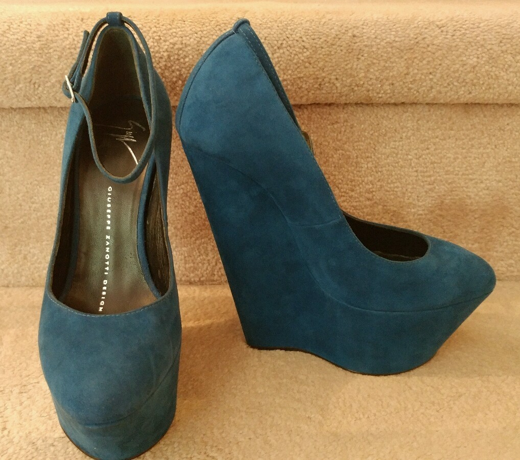 Giuseppe Zanotti Blue Suede Platform Mary Jane Wedge Heels NEW