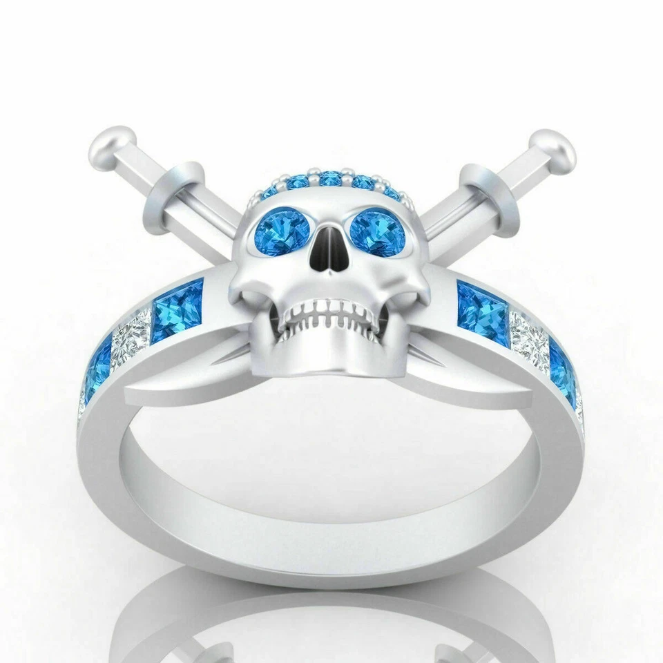 Calavera Jack Sparrow con zafiro azul simulado en anillo de plata argentino 935 Foto 2 de 4