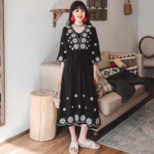 Women Embroidered Midi Dress 3/4 Flared Sleeve High Elastic Waist V Neck Floral