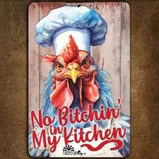 Divertido letrero de pollo gallo chef sin perra cocina metal arte de pared decoración de lata