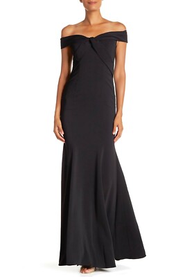 jay godfrey off the shoulder dress JAY GODFREY Black Off Shoulder Twist Neck Front Pleated Mermaid Maxi Gown  12 US