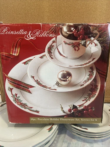 Vintage Kmart Poinsettia & Ribbons 16pc Porcelain Christmas Dinnerware Set 
