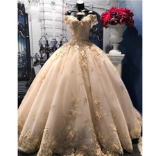 Luxury Champagne Gold Off Shoulder Wedding Dresses Lace Appliques Bridal Gowns