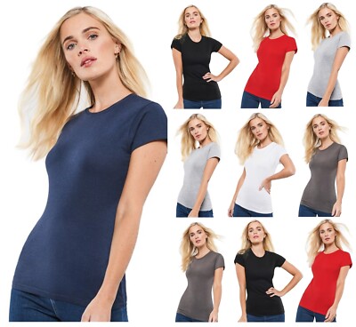 Damen Frauen ringgesponnene T-Shirts weich Basic uni Baumwolle Rundhalsausschnitt Tee Top S-2XL
