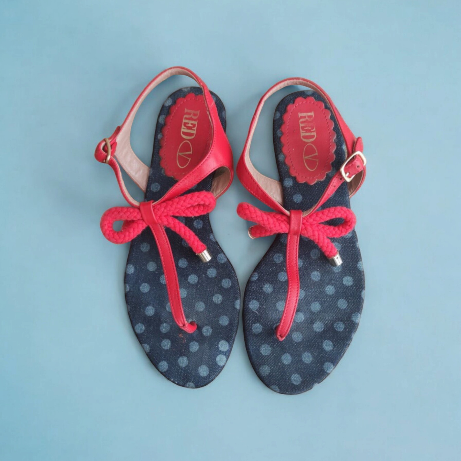 Red valentino Sandals Low Polka Dot & Cord Laces Leather Red Size It 37 thumbnail 3
