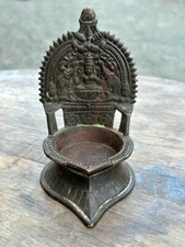 1890's Antique Old Original Brass Carved South India Laxmi Deep Oil Lamp