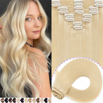 Clip In Thick Double Wefts Real Remy Human Hair Extensions Full Head 8 Pieces US