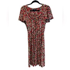Chaps V-Neck Flutter Sleeve Midi Dress Brown Pink Multicolor Dots Size Small