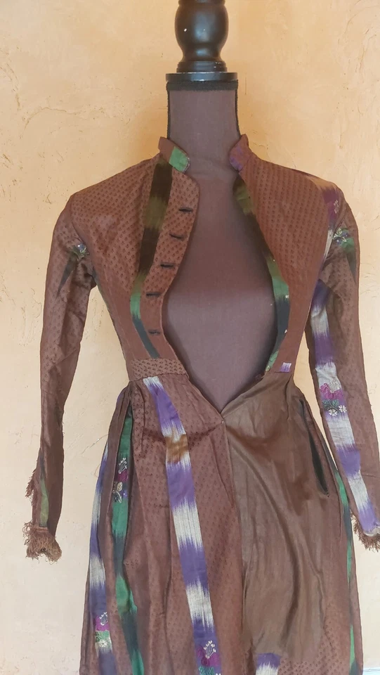 Rare 1860s Dress handmade W/Ikat Material, Fringed Sleeves. SM XS - Image 2 of 4