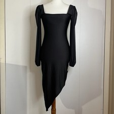 Windsor Black Bodycon Midi Dress M Square Neck Sheer Sleeves Asymmetrical Hem
