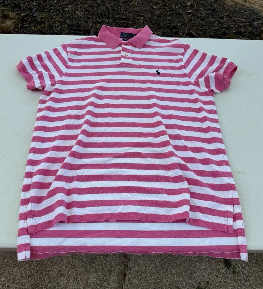 Vtg Polo Ralph Lauren Custom Fit Striped Polo Shirt Pink White Green Collar XL