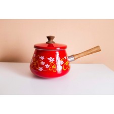 Red Floral Fondue Pot | Vintage Groovy Kitchenware