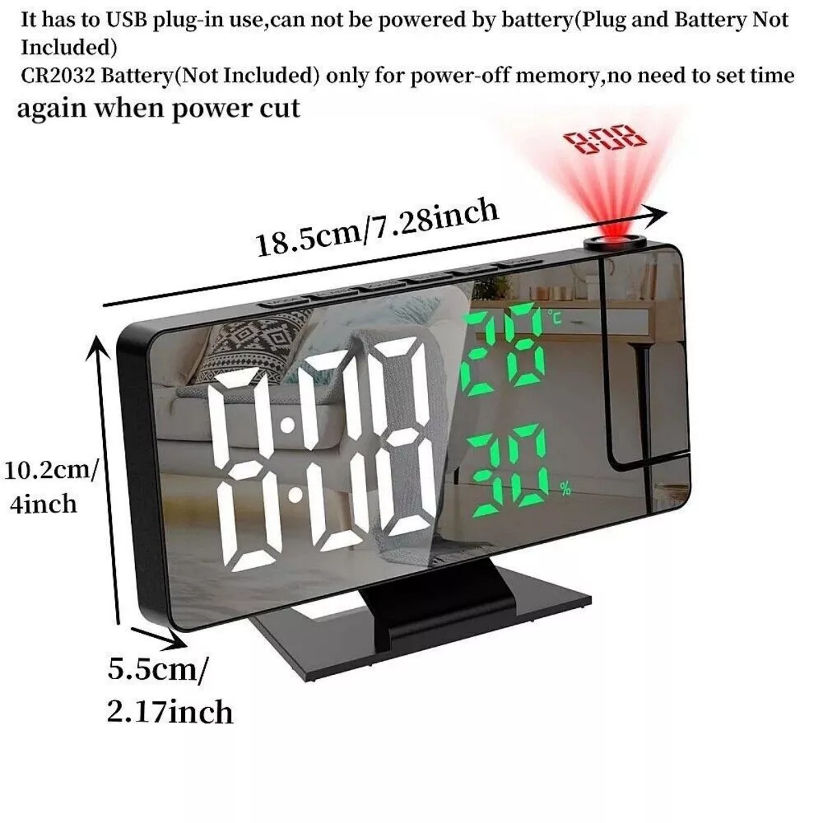 7.8" LED Digital Projector Projection Snooze Dual Alarm Clock Timer Projection