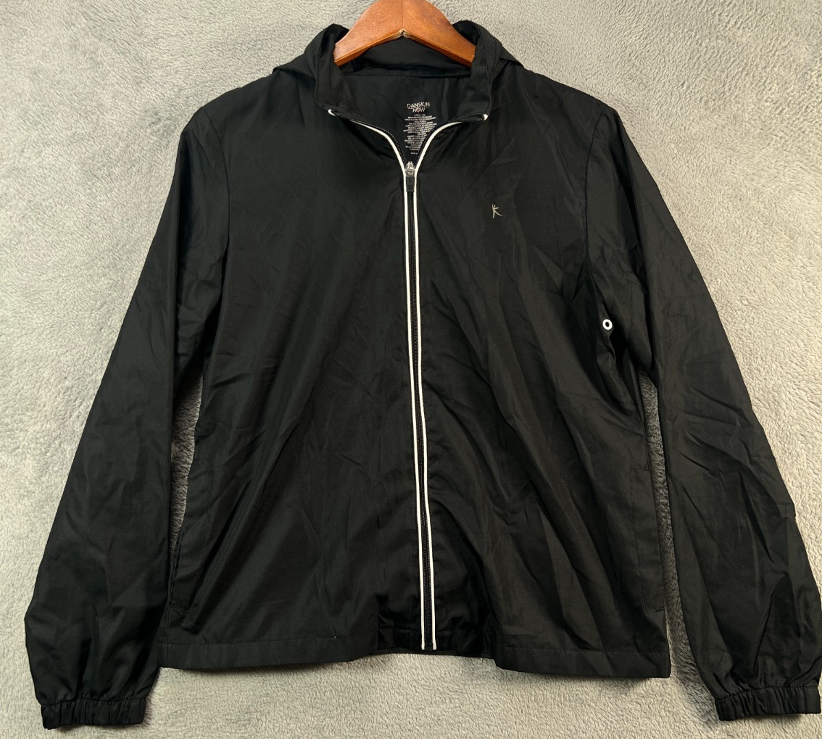 DANSKIN Womens Large Black Windbreaker Jacket Hooded Zip Up