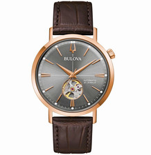 Bulova 97A171 Automatic 21J Gray Dial Rose Gold SS Case Brown Leather Strap