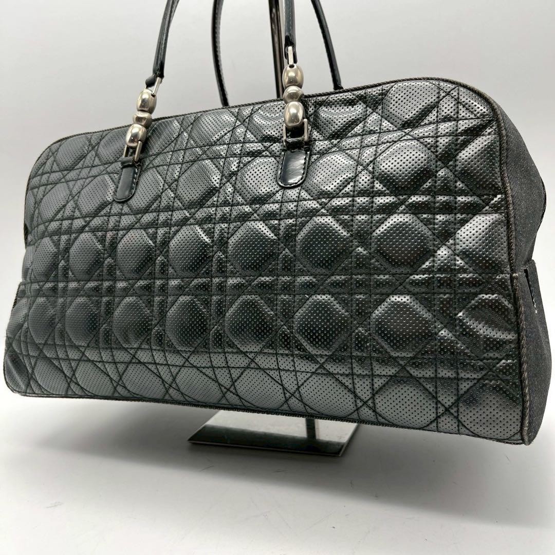 Dior Mini Boston Canage Maris Pearl Leather Punched Bag in Black Pre-Owned