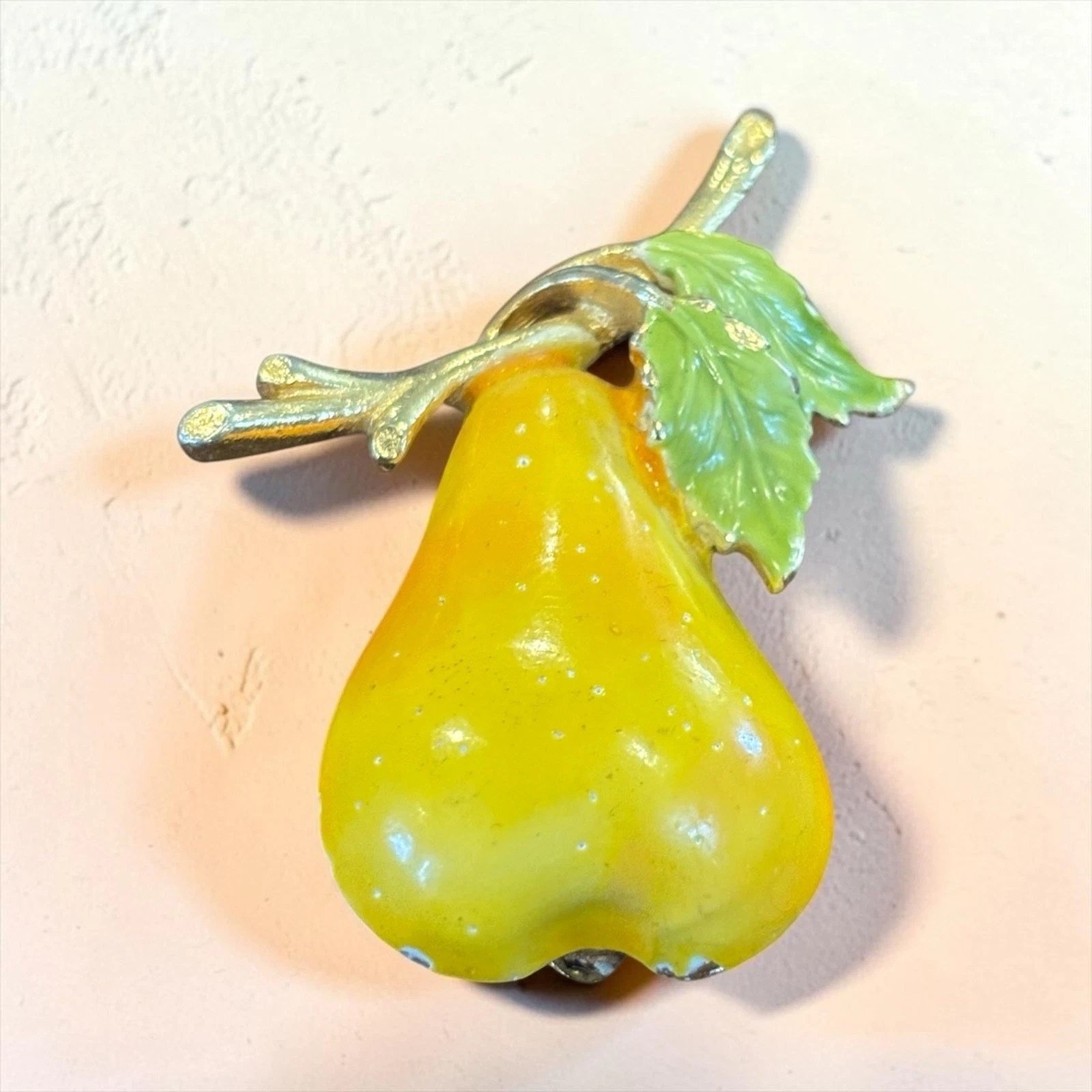 Lemon Yellow Pear Brooch Weiss 1960s Enamel Fruit Pin Gold Tone