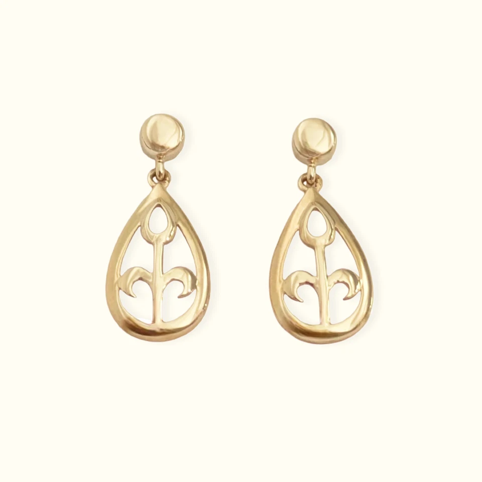 Aretes de oro amarillo macizo de 9 quilates con diseño de gota Fleur De Lys - Elegante regalo Foto 2 de 4