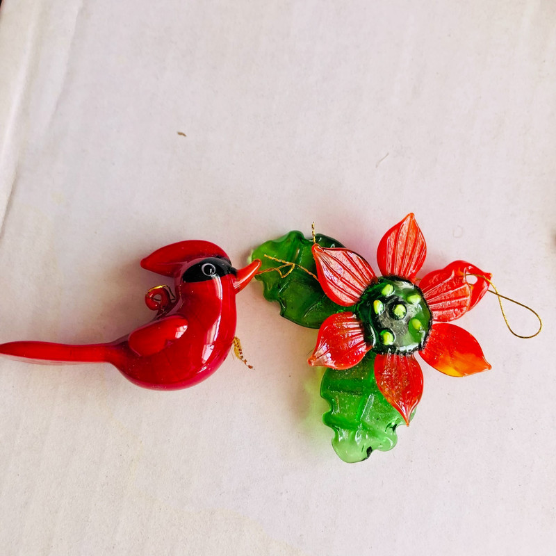 Vintage Cardinal and Poinsetta Glass Christmas Ornaments - 12