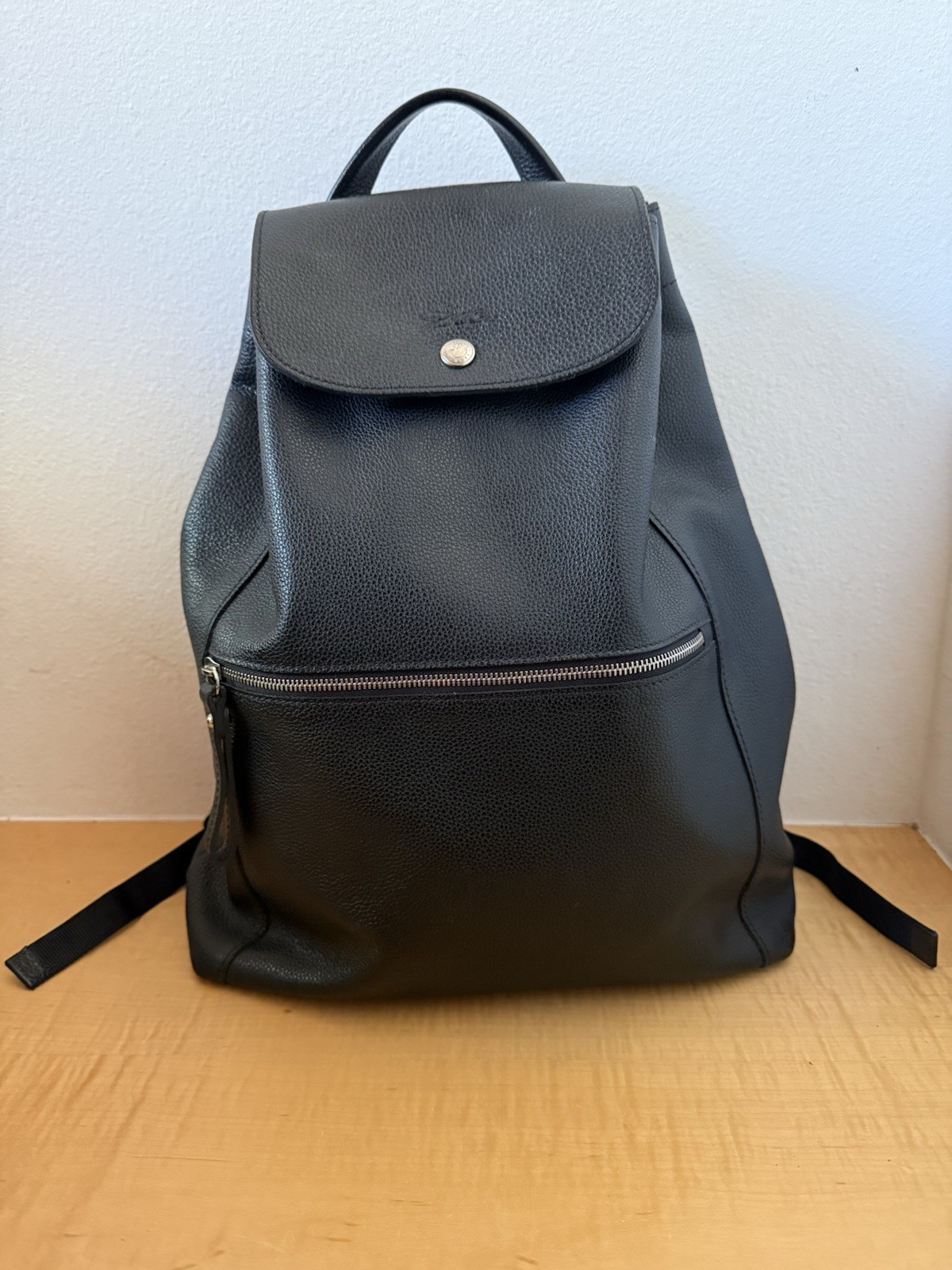 Longchamp Le Foulonné Large Black Leather Backpack Unisex Pebbled France Bag