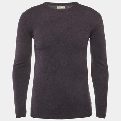 Brunello Cucinelli Pullover grau Kaschmir Wildleder Ellenbogen Patch Detail L