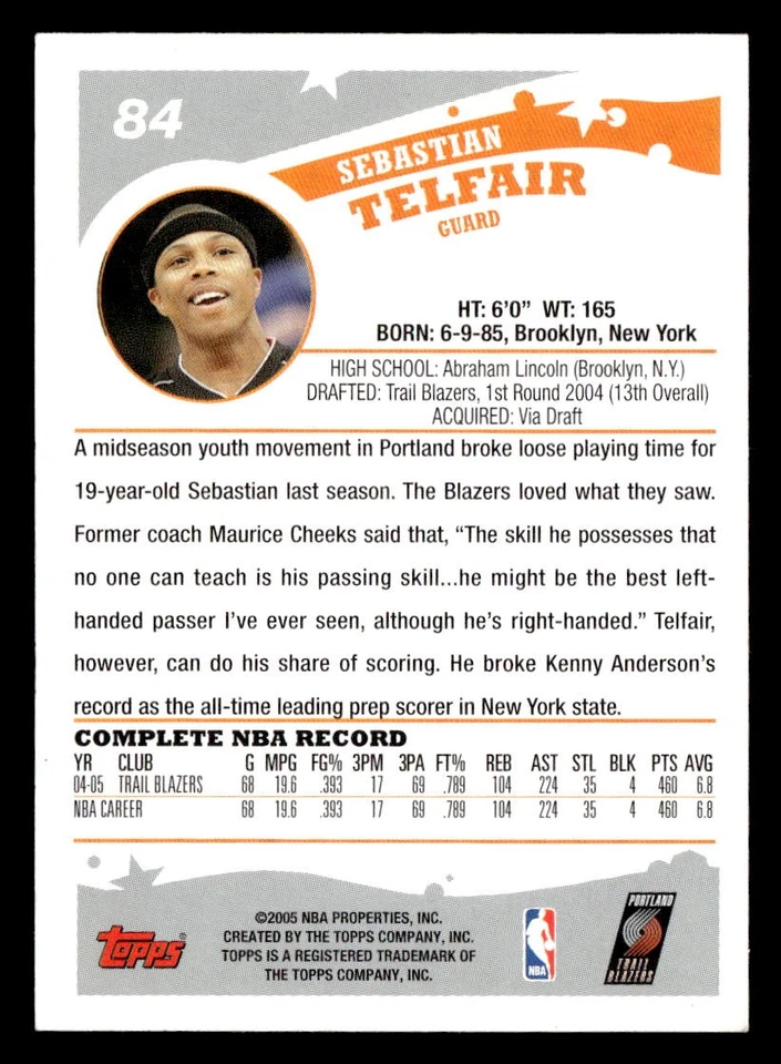 2005 Topps #84 Sebastian Telfair Near Mint - Image 2 of 2