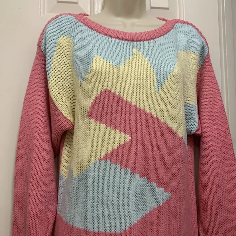Vestido Suéter Vintage Años 80 Arianna De Gran Tamaño Rosa Pastel Tejido Geométrico Midi S Foto 4 de 4
