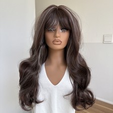 Soft Mixed Brown blonde Long Wavy Costume Wigs With Fringe Women Synthetic Hair