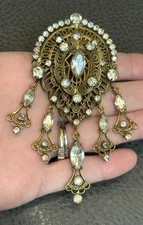 Vintage KRAMER Of New York Filigree Victorian Revival Rhinestone Dangle Brooch