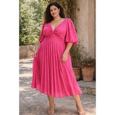 ASOS DESIGN Curve Twist Front Pleated Midi Dress Hot Pink Textured Size 18