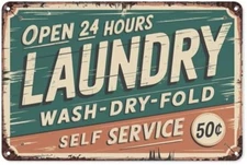 Laundry Self Service Wash Dry Fold Retro Tin Sign, Vintage Tin Metal Signs