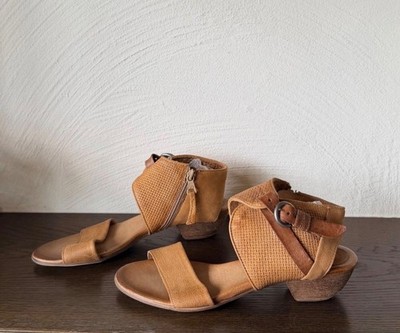 Miz Mooz women's sandals, brown textured leather, ankle strap, side zipper