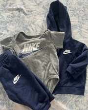 Nike Baby 3 Piece Navy Gray Bodysuit Hoodie Pants Set Sports Logo 3M