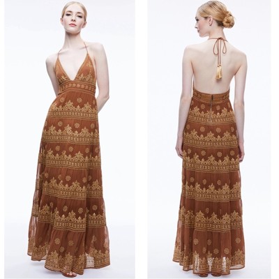 Alice + Olivia Karolina Embroidered Gold and Camel Tiered Maxi Dress Size 10