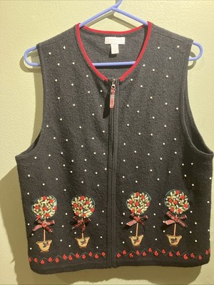 Vintage Wool Holiday Vest Embroider Topiary Charter Club Sz L Petite Grannycorp