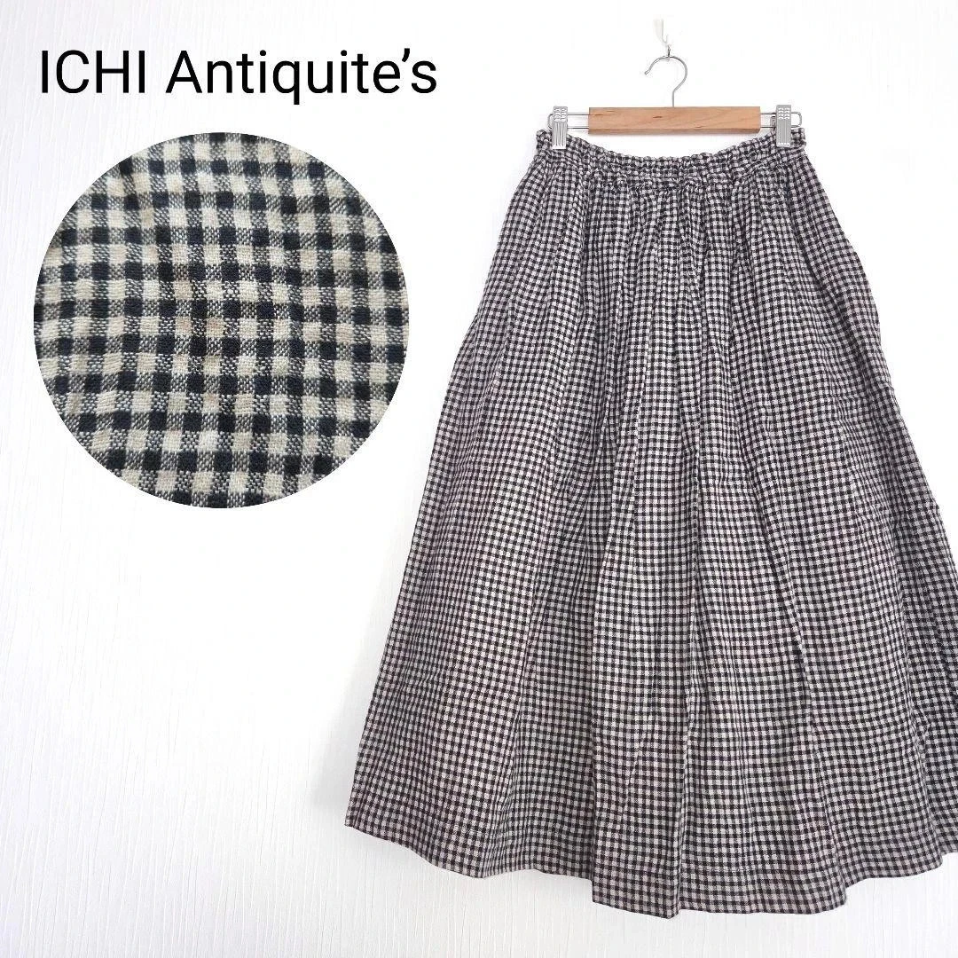 ICHI Antiquites Gingham Gathered Skirt Waist 30cm Linen Cotton Made In Japan