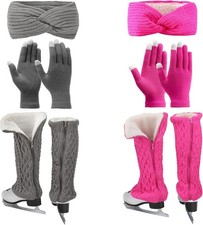 2 Sets Figure Skating Leg Warmers Gloves Headband Set Zipper Fleece Lined Leg Wa